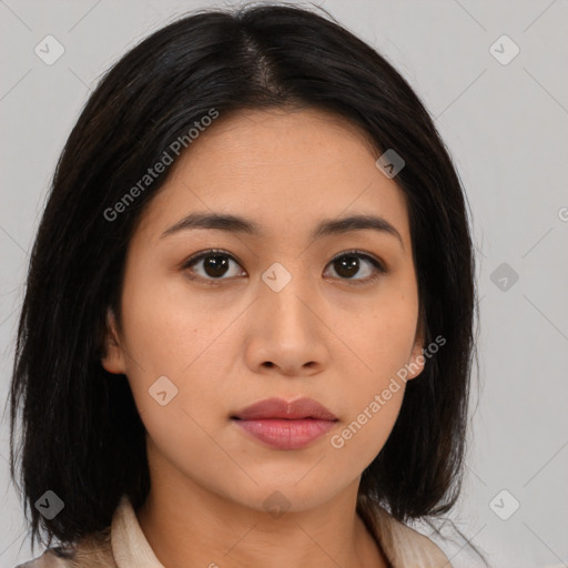 Neutral asian young-adult female with medium  brown hair and brown eyes