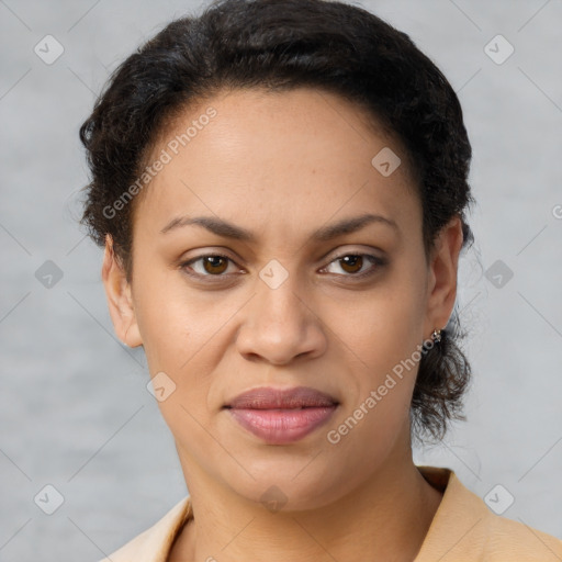 Joyful latino young-adult female with short  brown hair and brown eyes