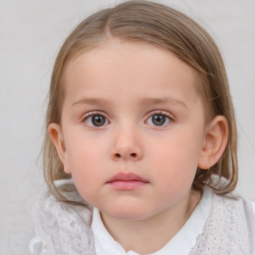 Neutral white child female with medium  brown hair and blue eyes