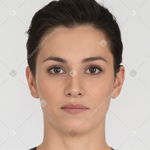 Neutral white young-adult female with short  brown hair and brown eyes