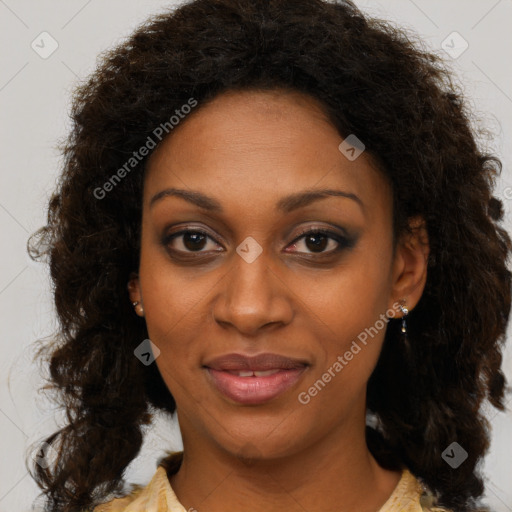 Joyful black young-adult female with medium  brown hair and brown eyes