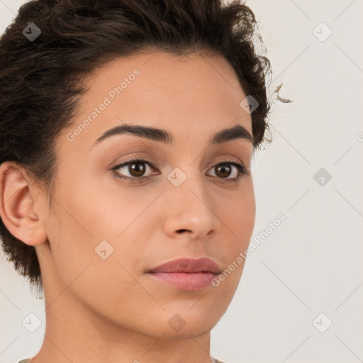 Neutral white young-adult female with short  brown hair and brown eyes