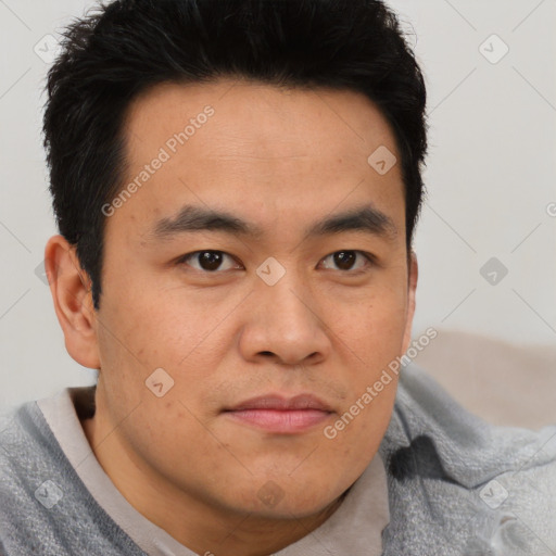 Neutral asian young-adult male with short  brown hair and brown eyes