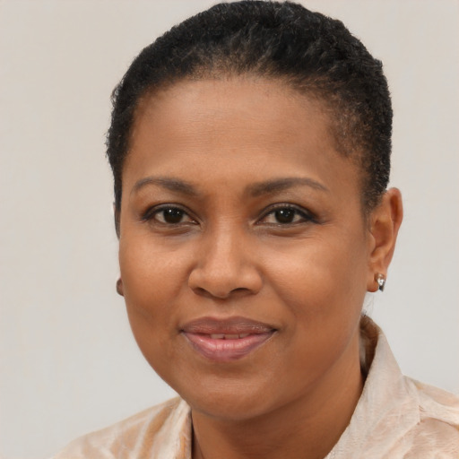 Joyful black young-adult female with short  brown hair and brown eyes