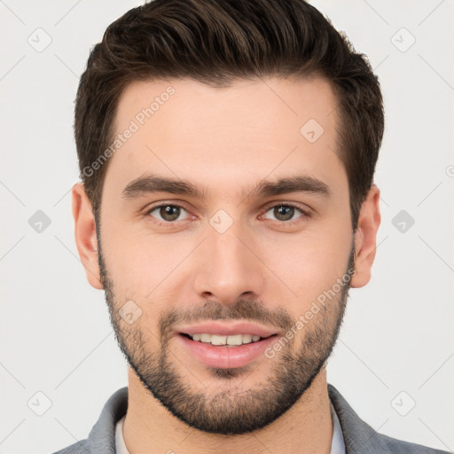 Joyful white young-adult male with short  brown hair and brown eyes