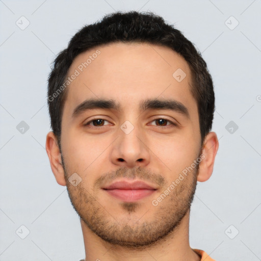 Neutral latino young-adult male with short  black hair and brown eyes