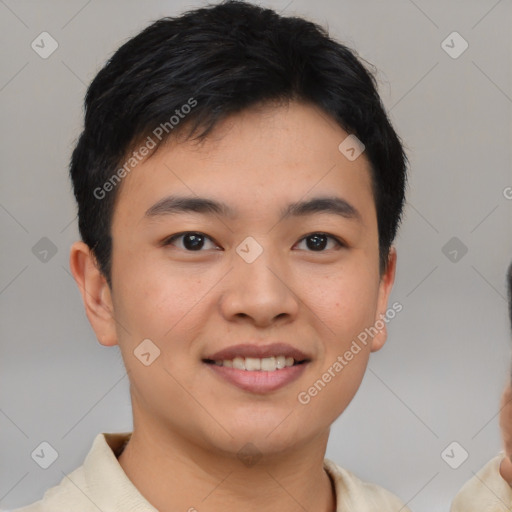 Joyful asian young-adult male with short  brown hair and brown eyes