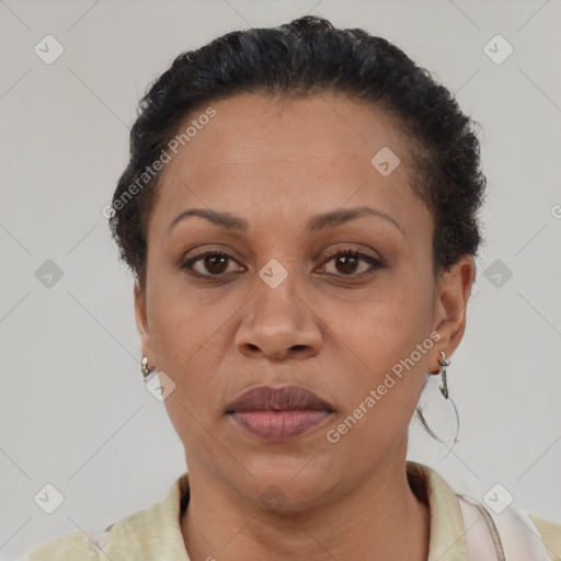 Joyful latino adult female with short  brown hair and brown eyes