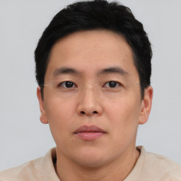 Neutral asian young-adult male with short  black hair and brown eyes