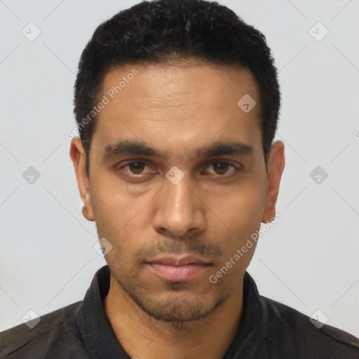 Neutral latino young-adult male with short  black hair and brown eyes