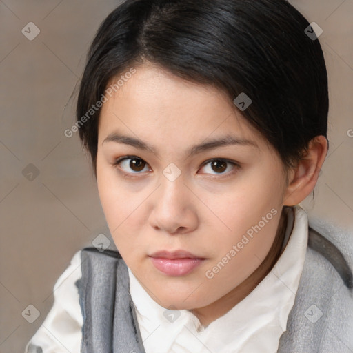 Neutral white young-adult female with medium  brown hair and brown eyes