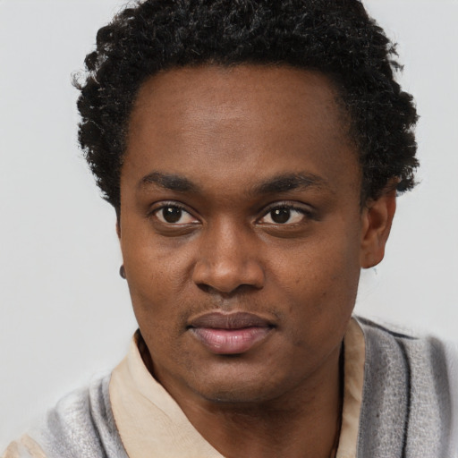 Neutral black young-adult male with short  black hair and brown eyes