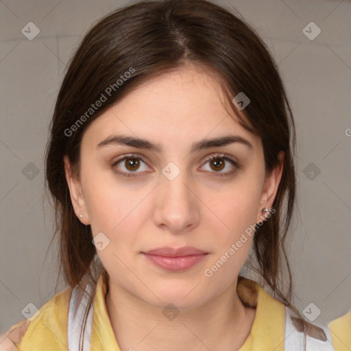 Neutral white young-adult female with medium  brown hair and brown eyes