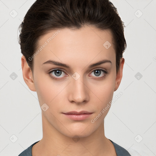 Neutral white young-adult female with short  brown hair and brown eyes