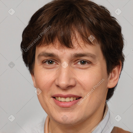 Joyful white adult female with short  brown hair and brown eyes