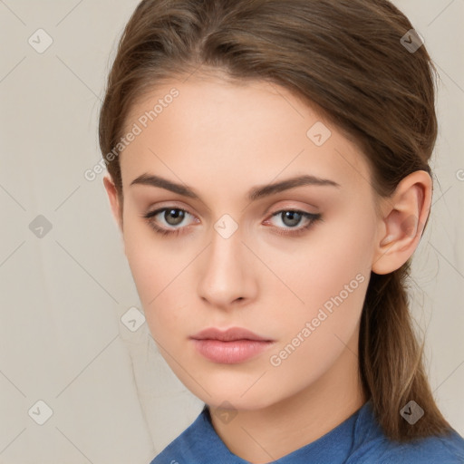 Neutral white young-adult female with medium  brown hair and brown eyes