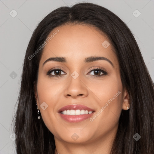 Joyful white young-adult female with long  black hair and brown eyes