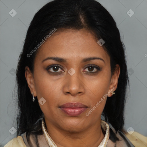 Joyful black young-adult female with medium  brown hair and brown eyes