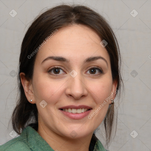 Joyful white young-adult female with medium  brown hair and brown eyes