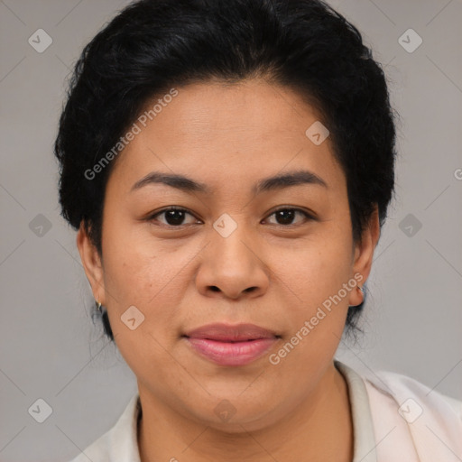 Joyful asian young-adult female with short  brown hair and brown eyes