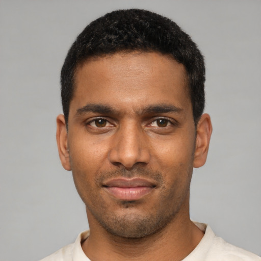 Neutral black young-adult male with short  black hair and brown eyes