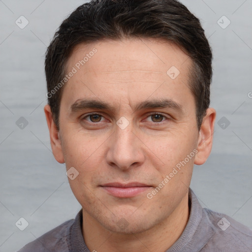 Neutral white adult male with short  brown hair and brown eyes