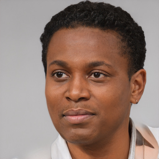 Neutral black young-adult male with short  black hair and brown eyes