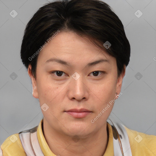 Neutral asian young-adult female with short  brown hair and brown eyes