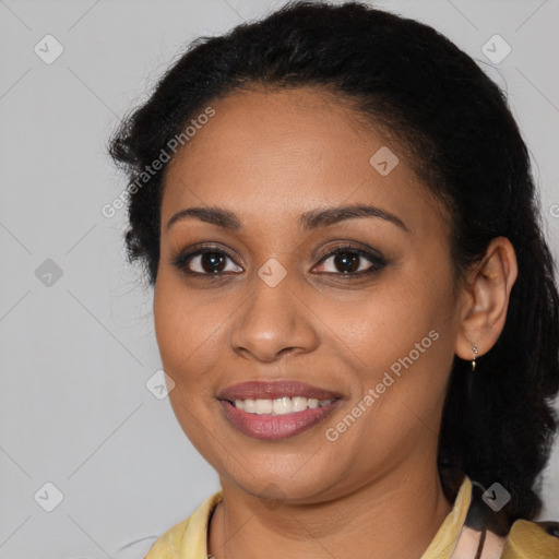 Joyful latino young-adult female with medium  black hair and brown eyes