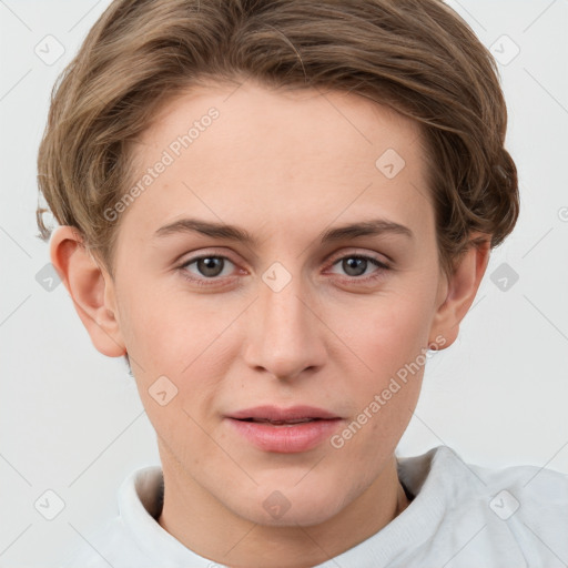 Joyful white young-adult female with short  brown hair and grey eyes