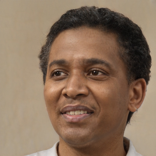 Joyful black adult male with short  brown hair and brown eyes