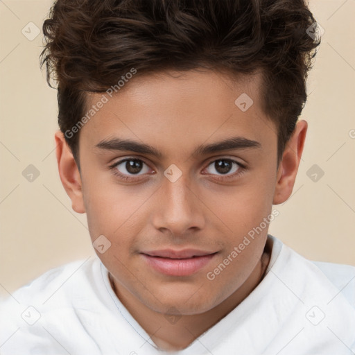 Joyful white child male with short  brown hair and brown eyes