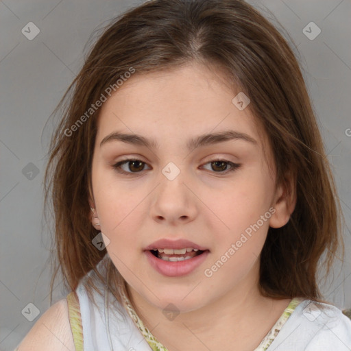 Joyful white child female with medium  brown hair and brown eyes