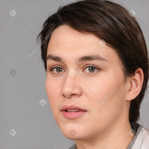 Neutral white young-adult female with medium  brown hair and brown eyes