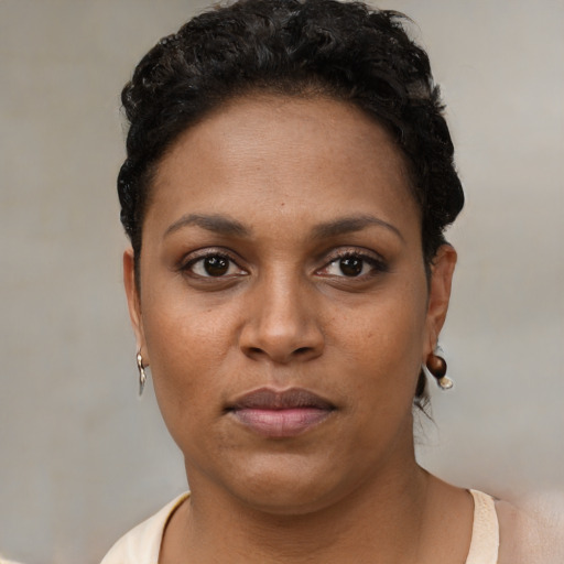 Neutral black young-adult female with short  brown hair and brown eyes