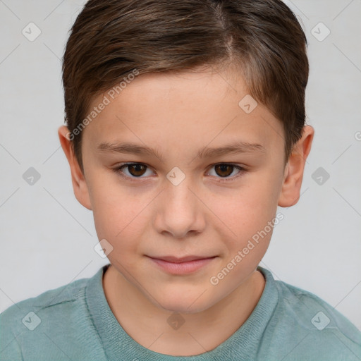 Joyful white child female with short  brown hair and brown eyes