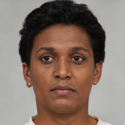 Neutral black young-adult female with short  brown hair and brown eyes