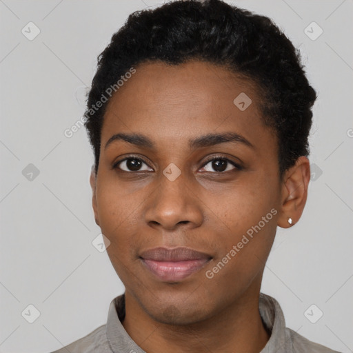 Neutral black young-adult female with short  black hair and brown eyes