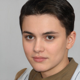 Neutral white young-adult female with short  brown hair and brown eyes