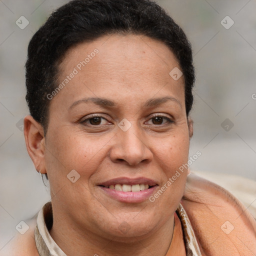 Joyful white adult female with short  brown hair and brown eyes