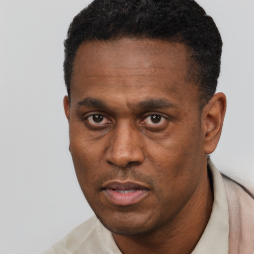 Neutral black adult male with short  black hair and brown eyes