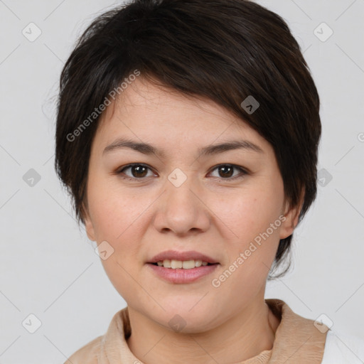 Joyful white young-adult female with medium  brown hair and brown eyes