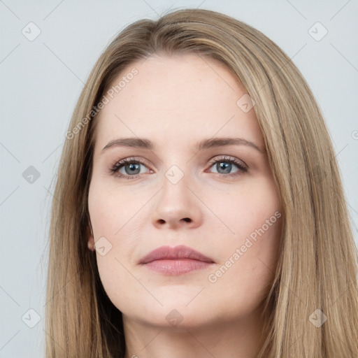 Neutral white young-adult female with long  brown hair and grey eyes