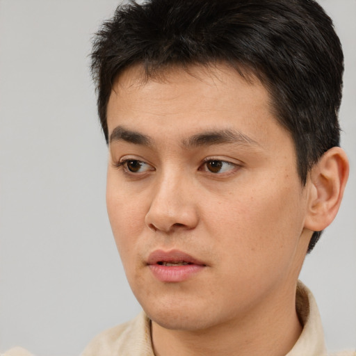 Neutral asian young-adult male with short  brown hair and brown eyes