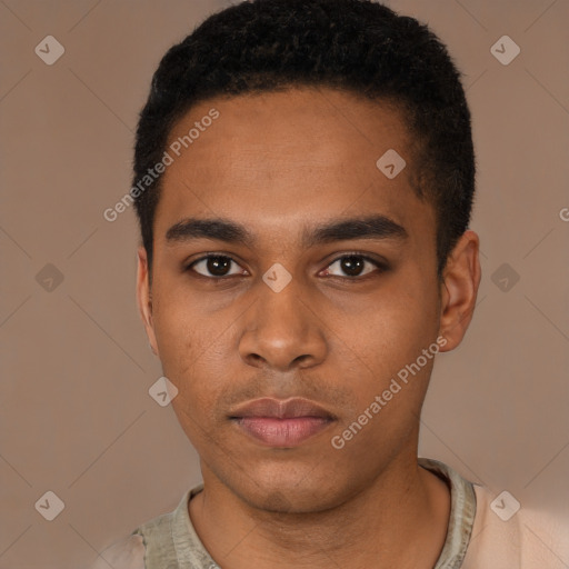 Neutral black young-adult male with short  black hair and brown eyes