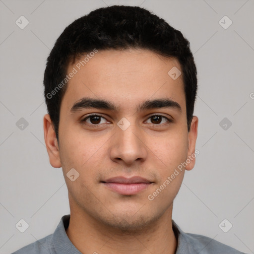 Neutral latino young-adult male with short  black hair and brown eyes