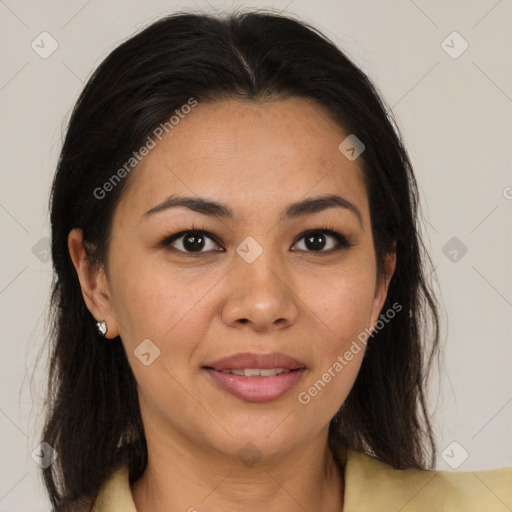 Joyful white adult female with medium  brown hair and brown eyes