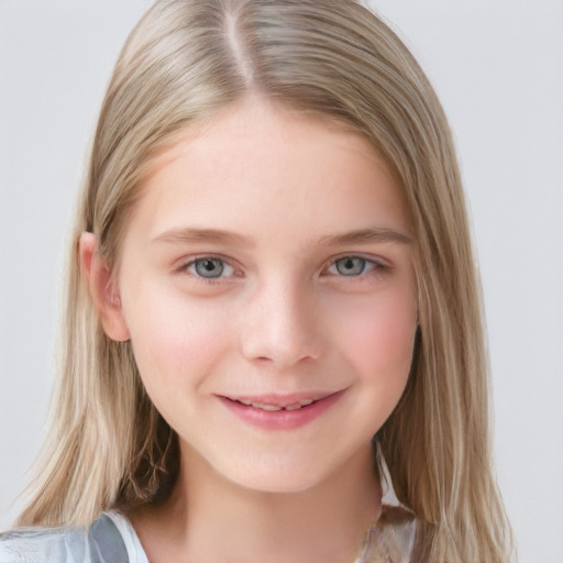 Joyful white child female with medium  brown hair and blue eyes