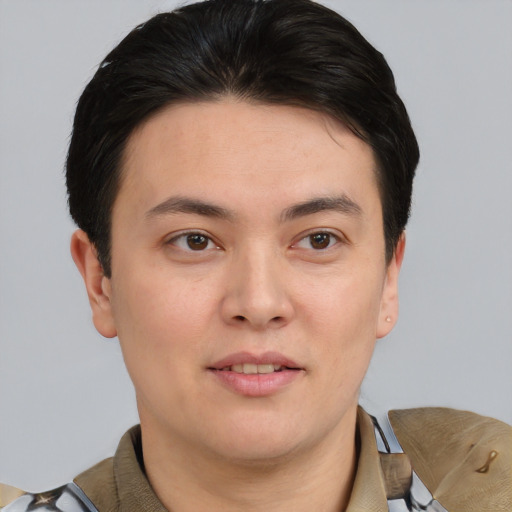 Joyful white young-adult male with short  brown hair and brown eyes