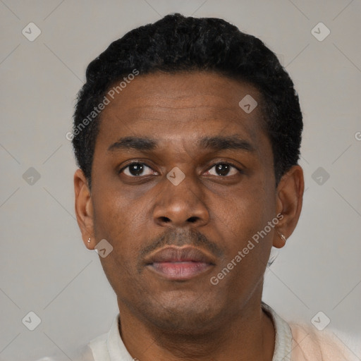 Neutral black young-adult male with short  black hair and brown eyes